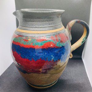 Mid Century Artisan Stoneware Ceramic Drip Glaze Pitcher Signed